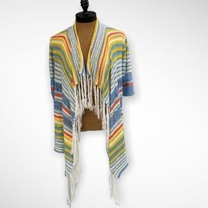 Ruby Rd Sherbet Striped Open Front Sweater w/ Fringe Crochet Short Sleeve, Sm 